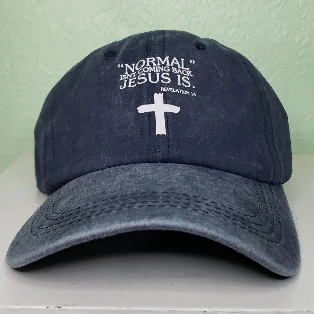women's NORMAL ISN'T COMING BACK, JESUS IS blue soft ball cap